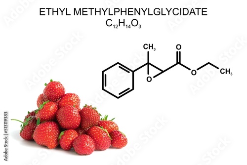 Group of strawberrys and structural formula of ethyl methylphenylglycidate photo