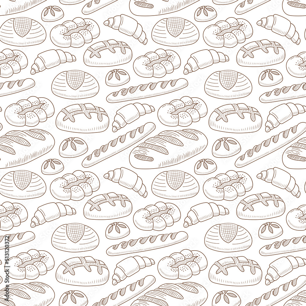 Hand drawn bakery seamless pattern on white background for menu design or bakery shop, cooking doodles concept with different kinds of bread