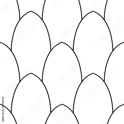 Pointy scale scallop vector seamless pattern background.Monochrome line art oval oblong overlapping shapes backdrop. Simple geometric outline scales repeat. Design for packaging