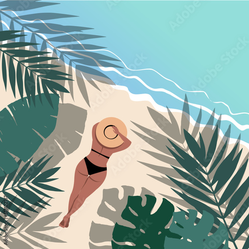 The curvy girl on the ocean beach in a panama is sunbathing with tropical palm leaves on a background