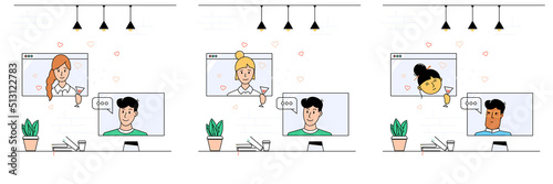 Set of illustrations of romantic communication on a dating site of young man and woman online.Virtual communication at a distance during quarantine.Dating site.Online dating stock vector illustration.