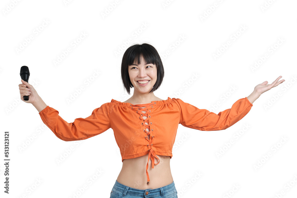 Young asian woman receiving an ovation from the audience, isolated on white background. Young asian woman receiving an ovation from the audience, isolated on white background.