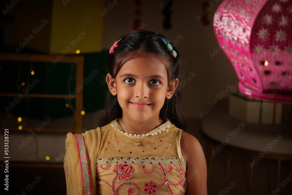 Portrait of an Indian girl during Diwali festival night Portrait of an Indian girl during Diwali festival night