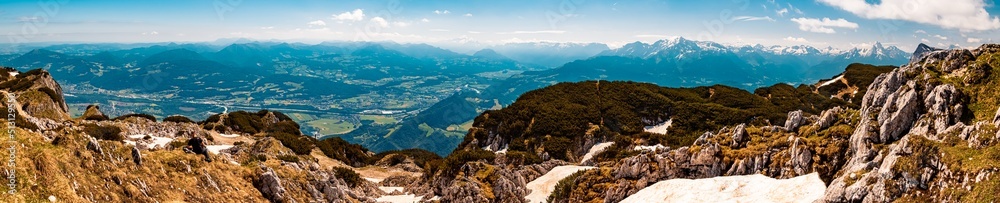 High resolution stitched panorama with the Watzmann summit at the Untersberg mountain, Groedig, Salzburg, Austria