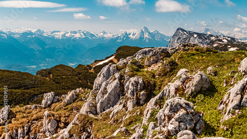 Beautiful alpine summer view with the Watzmann summit at the Untersberg mountain, Groedig, Salzburg, Austria photo