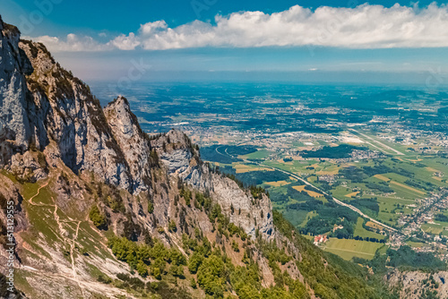 Beautiful alpine summer view with the far away city of Salzburg at the famous Untersberg mountain, Groedig, Salzburg, Austria