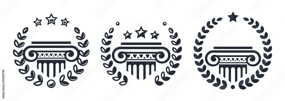 Set of antique columns with wreath. Museum, bank, library, theater, justice icons. Vector EPS 10