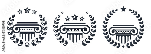 Set of antique columns with wreath. Museum, bank, library, theater, justice icons. Vector EPS 10