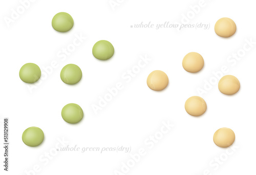 Several whole yellow and green dried peas isolated on white background. Top view. Realistic vector illustration. photo