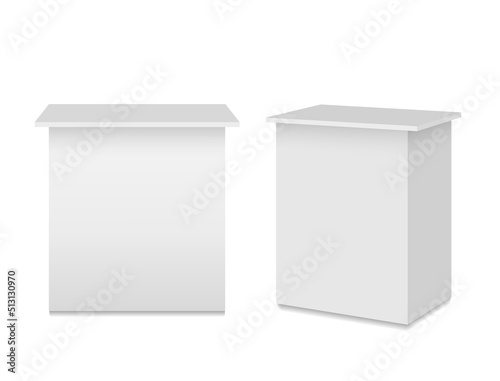 White reception Mockup, information stands, exhibition booths. Mobile counters for helping service desk, retail trade, promotion, advertising, pos, poi. Vector realistic. Two Blank templates. EPS10.