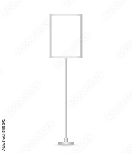 Floor sign holder, display board menu, advertising pedestal. Poster stand or display in frame on steel pole. Vector realistic template. Blank Mockup. A3, A4 vertical format. Front view. EPS 10. 