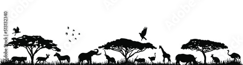 Vector horizontal flawless tropical African savannah with lion, zebra, crow, giraffe, common worm, rhino, cheetah, gazelle, monkey, ostrich, zebra, tiger, trees and birds