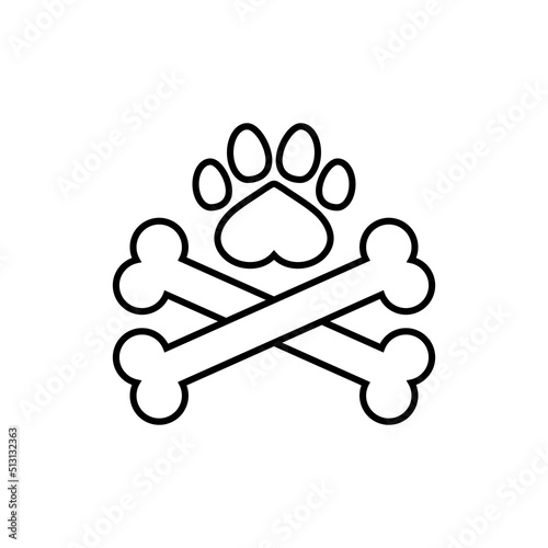 Two dog crossbones and paw print. Crossed bones icon and logo design. Outline and line style. Isolated vector illustration on white background.