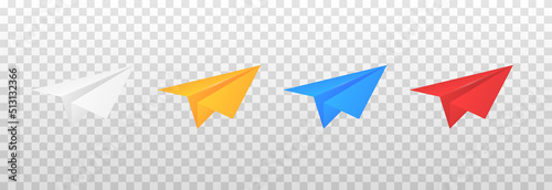 Set of vector paper airplanes png. Multicolored paper planes on an isolated transparent background. Airplane origami. School. PNG.