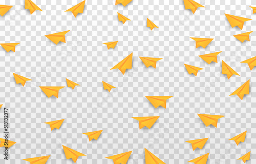 Vector paper planes png. Yellow paper plane on isolated transparent background. Airplane origami. School. PNG.
