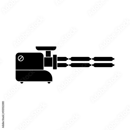 Electric meat grinder with sausage. Black silhouette. Isolated vector illustration on white background.