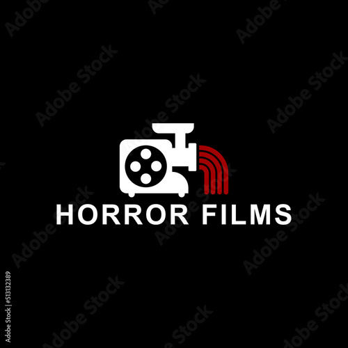 Horror films logo with electric meat grinder illustration and red mince. Vector drawing on black background.