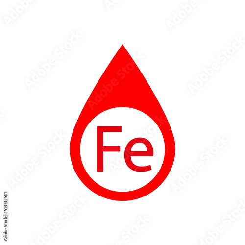 Mineral vitamin Fe iron and a red drop of blood. Simple minimal logo and icon design. Isolated vector illustration on white background. 