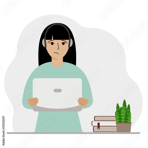 Woman with laptop and headphones. Working from home, student, freelancer, assistant, blogger or businessman. Home office concept.