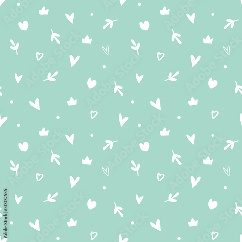 Seamless pattern with white hearts  crown and leaves. Abstract print for textile  wrapping  wallpaper  scrapbook  fabric. Hand drawn illustration on a green background.