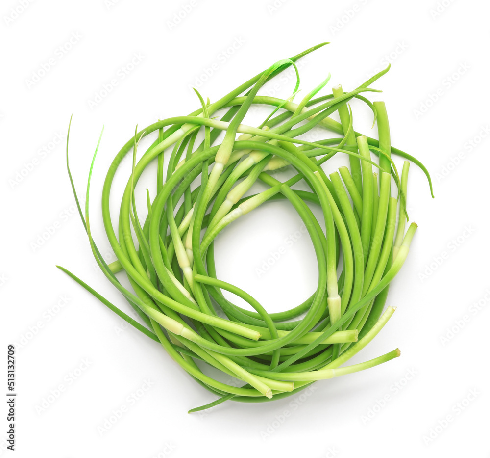Top view of fresh young garlic scapes Top view of fresh young garlic scapes