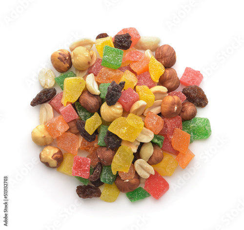 Top view of mixed candied fruit and nuts
