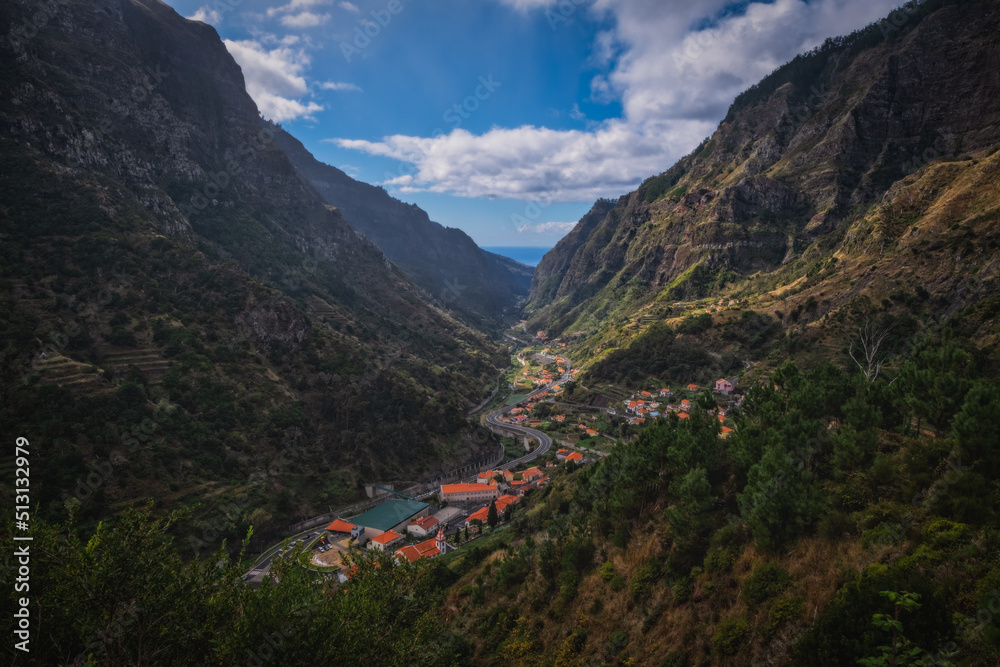 Vale da Serra de Agua view at sunrise, Ribeira Brava, Madeira Island, Portugal. Panoramic view, october 2021 Vale da Serra de Agua view at sunrise, Ribeira Brava, Madeira Island, Portugal. Panoramic view, october 2021