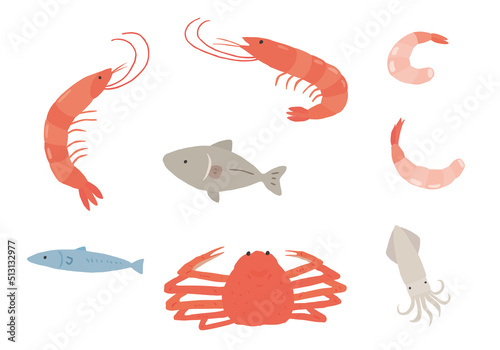 エビ・カニ・魚・イカの手描きイラストセット（カラー/輪郭線なし）