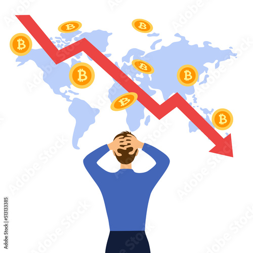 Man trader worrying about cryptocurrency downturn concept vector illustration. Bitcoin crash.