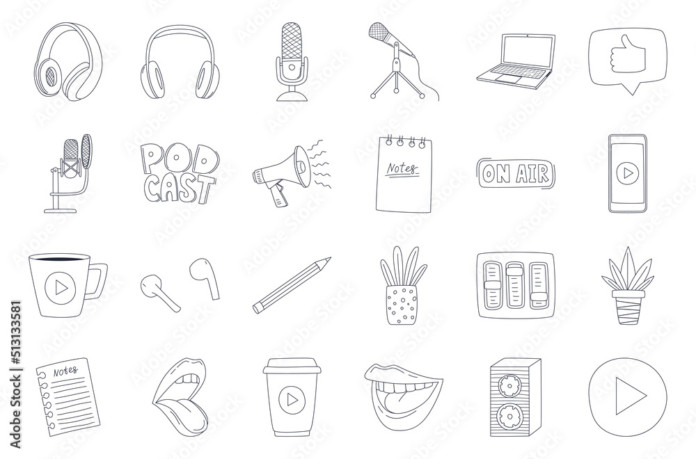 Set of doodle outline icons, symbols of a podcast, radio show, broadcast. Microphones, laptop, pencil, hand lettering. Linear elements for web design. Black white vector illustration isolated white