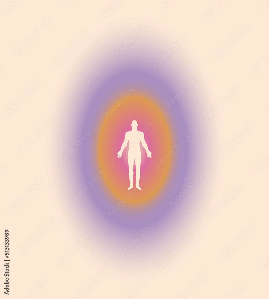 Human body aura minimalistic spiritual  illustration with human silhouette surrounded radial gradient on light background. Minimalistic vector illustration - obrazy, fototapety, plakaty 