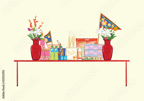 Cute snack and cookies containers and triangle flags on the red table for Taiwan ghost festival in flat simple cartoonish illustration art design