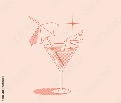 Summer vacation concept retro illustration with summer cocktail glass with umbrella and woman legs isolated on pink background. Vector illustration