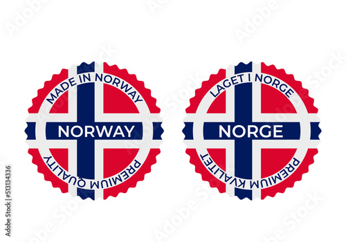 Made in Norway round labels in English and in Norwegian languages. Quality mark icon. Vector for logo design, tags, badges, stickers, emblem, product package, etc