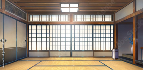Japanese Traditional Interior - Close the door  2D Anime background  Illustration. 