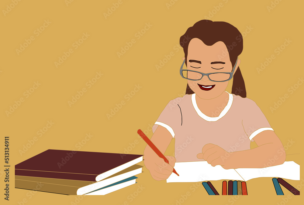 Online learning template with boy studying with computer. Vector illustration in flat style