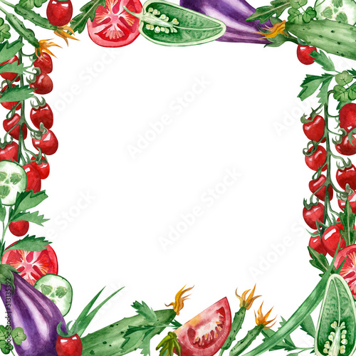 A square frame of autumn vegetables, hand-painted in watercolor on a white background. Eggplant, herbs, green onions, tomatoes, chili pepper on a white background. Suitable for design, textiles.