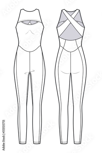Woman's yoga Bodysuit fashion flat technical drawing template. Sport long Bodysuits fashion cad mockup.