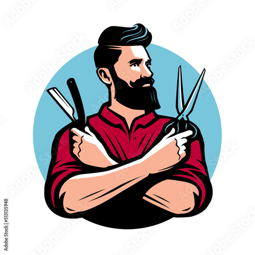 Barber bearded man with barbershop tools scissors and shaving blade. Design element for barber salon logo, label, badge