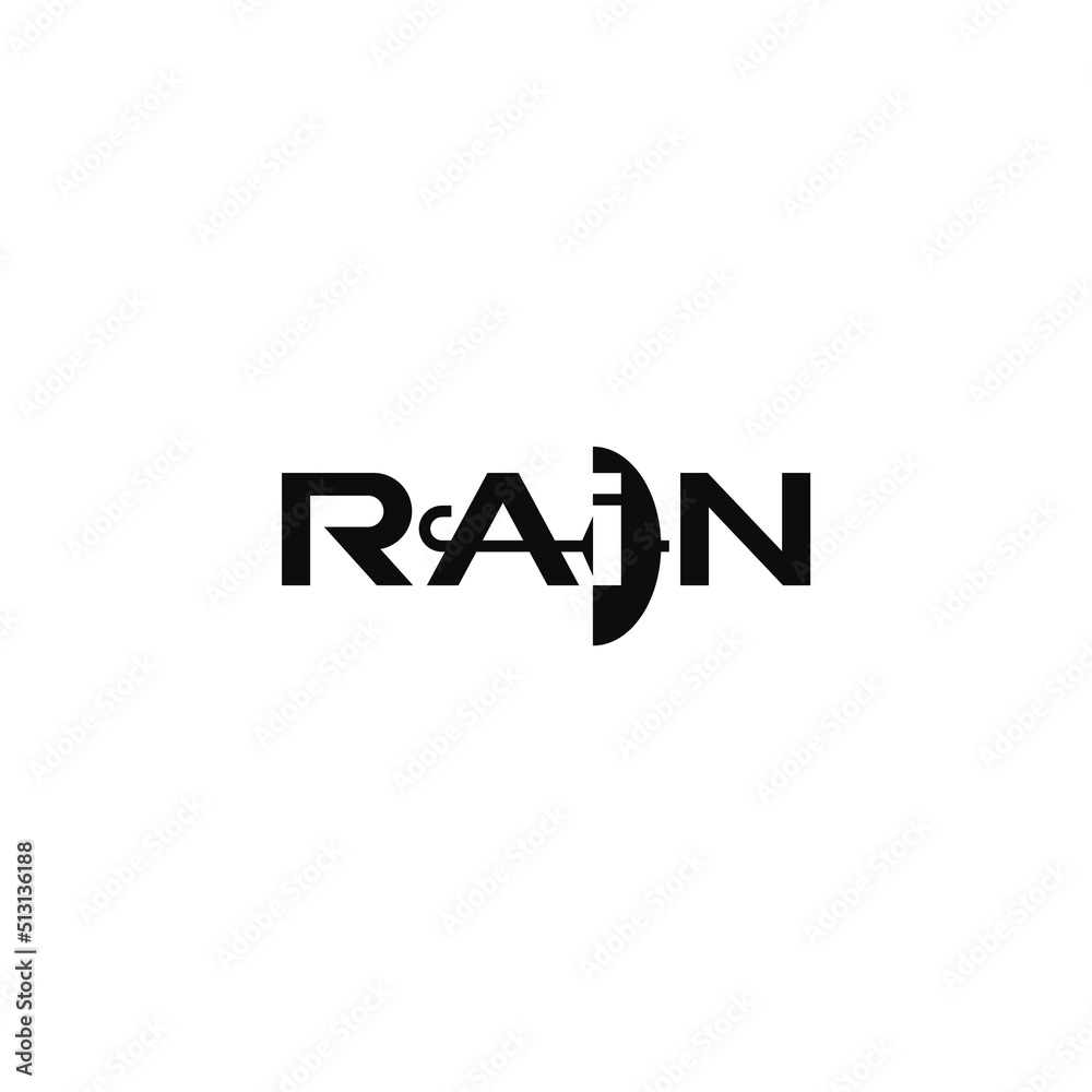 Rain text, umbrella concept, negative space. Word mark logo design.