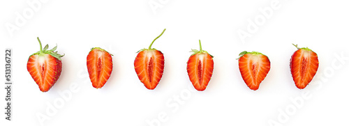 Fototapeta Naklejka Na Ścianę i Meble -  Long picture with row of slices natural strawberry isolated on white