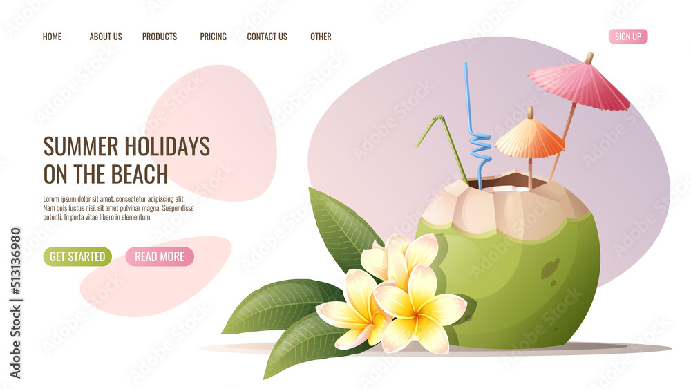 Web page template with beach cocktail in plumeria coconut. Concept for web banner and landing page. Beach theme, tropical vacation.