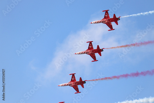 Baku - Azerbaijan: 27 May 2022. Turkish Stars jet air force demonstration Team Aerobatics performing.