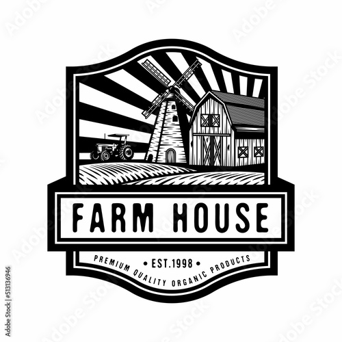Farm house in green field with windmill and farming old tractor badge design