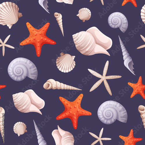Seamless pattern with starfish, shells, clams on a dark background. Texture for wrapping paper, scrapbooking, textile, wallpaper, etc
