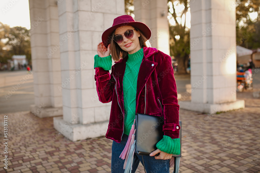 attractive woman in autumn style trendy outfit walking in street attractive woman in autumn style trendy outfit walking in street