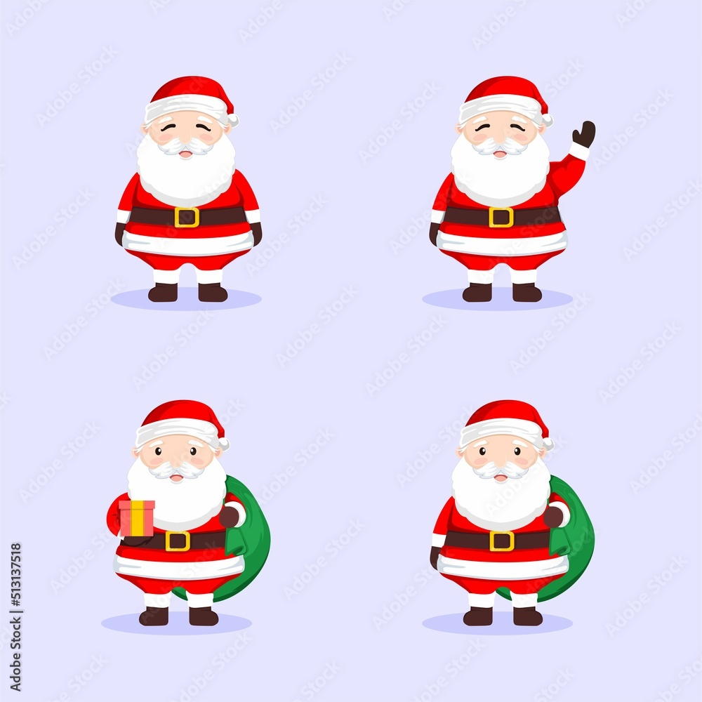 Santa Claus set. Cartoon holiday moving characters. Cute Father Frost stand with gift bag, raise his hands up and welcomed vector illustration. Santa Claus set. Cartoon holiday moving characters. Cute Father Frost stand with gift bag, raise his hands up and welcomed vector illustration.