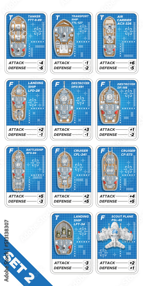 Fototapeta premium A set of cards for the game sea battle. View from above. Isolated on white background. Vector illustration.