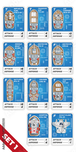 A set of cards for the game sea battle. View from above. Isolated on white background. Vector illustration.