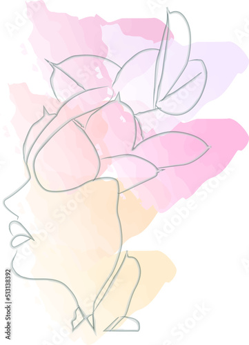One Line drawing of beauty woman face with leaves, Continuous line head in a laurel wreath. Abstract minimal face. Vector illustration logo for organic cosmetics, beauty salon, spa.